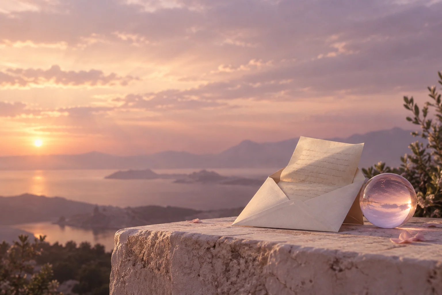 An open envelope and folded letter in soft lavender dawn light