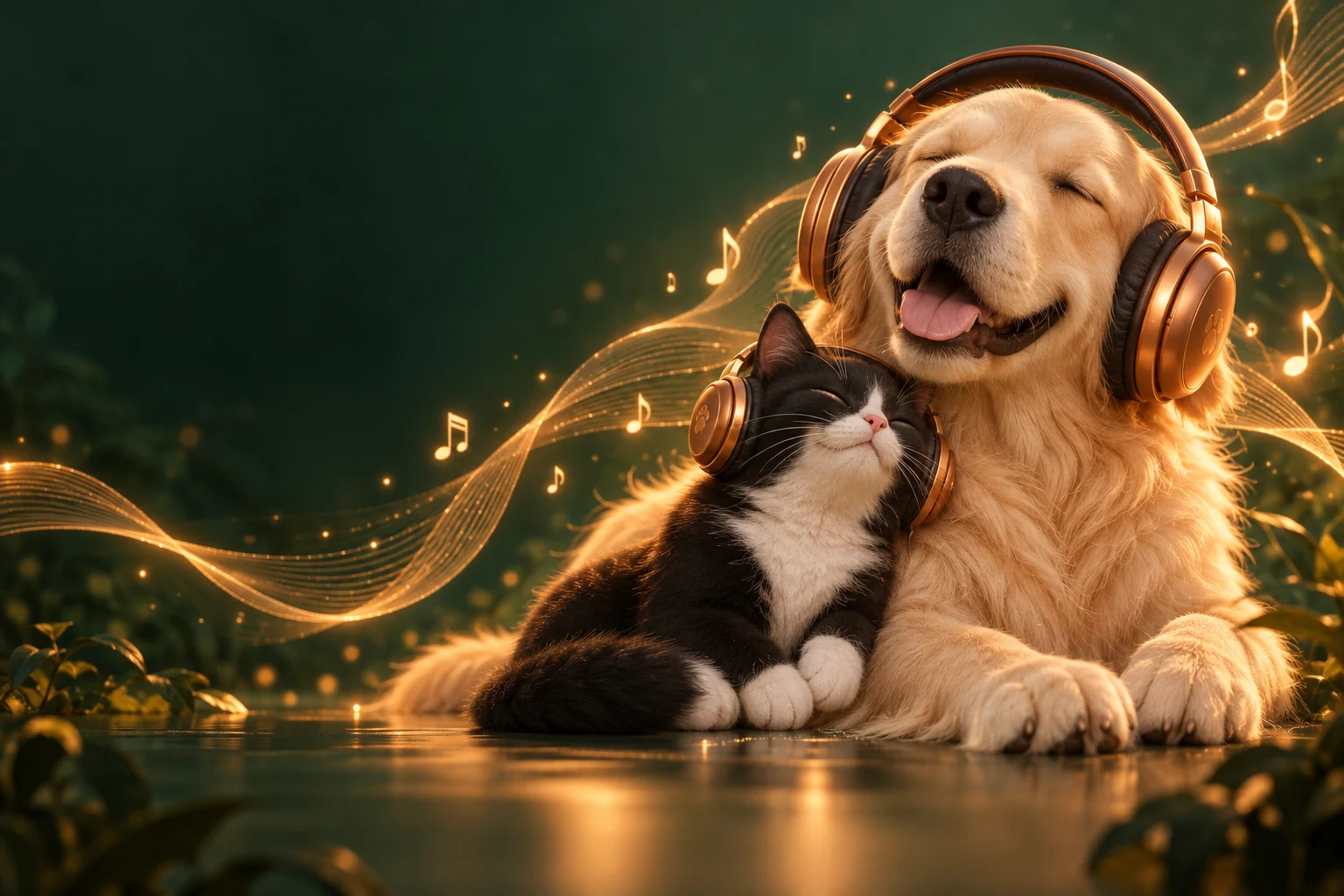 A golden retriever and tuxedo cat wearing headphones, surrounded by golden musical ribbons